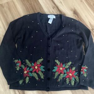 Tiara international Poinsettia Embroidered Beaded Vintage Cardigan s